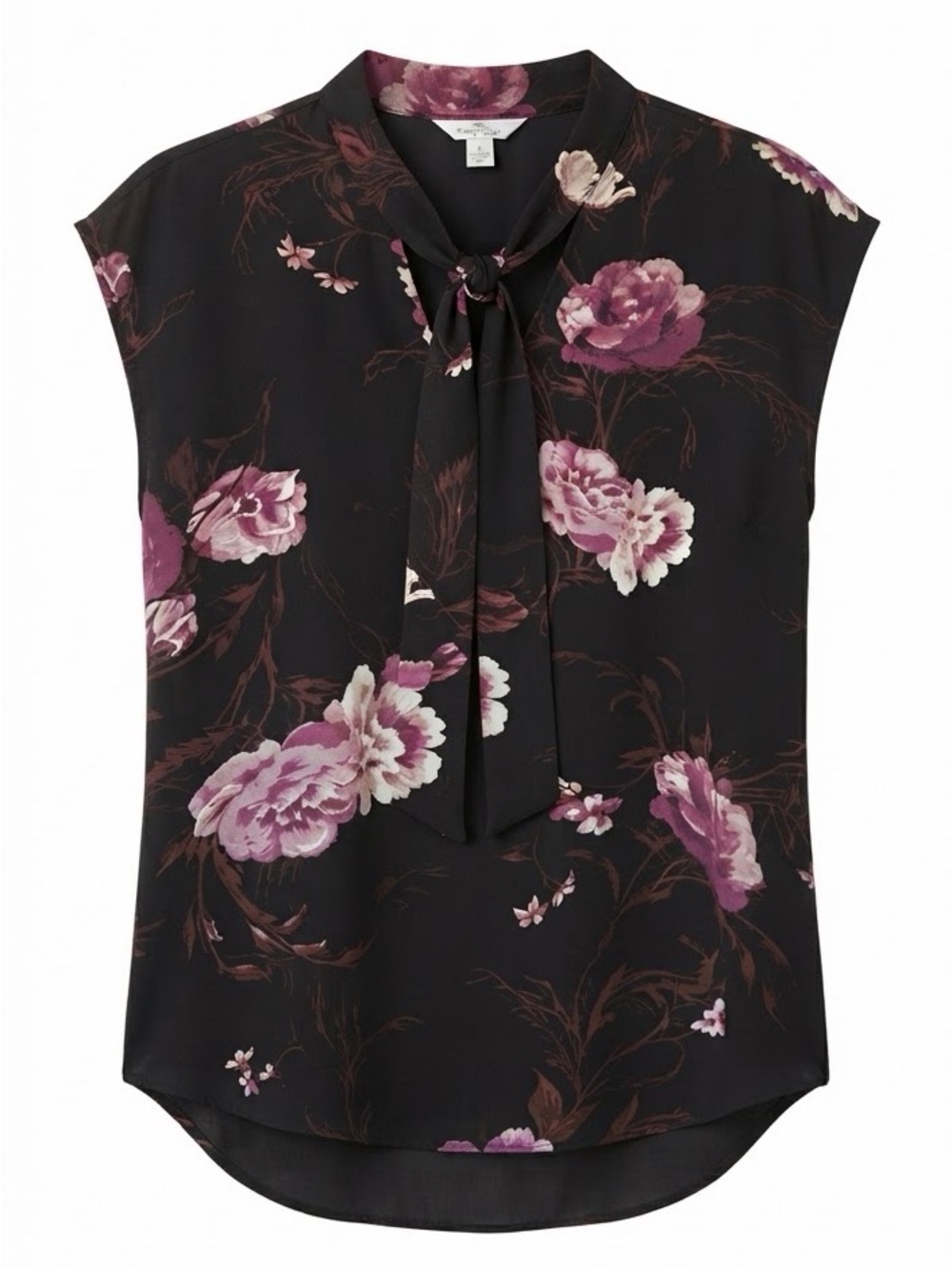 Camber & Grace Floral Tie-Neck Cap Sleeve Blouse - Black with Purple Floral